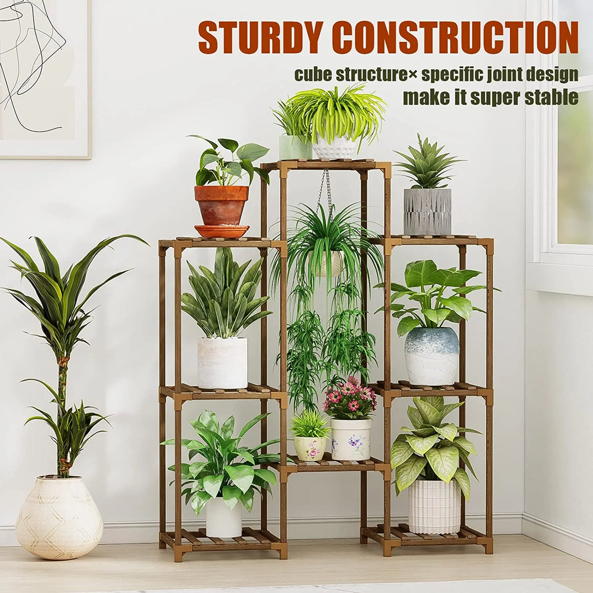 Tiered wooden plant stand for 8 pots – view 7